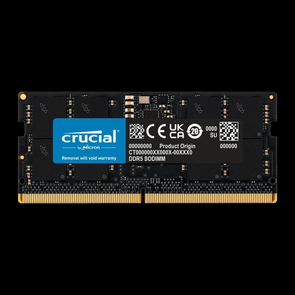 Crucial Micron DDR5 96GB preto, vista frontal: módulo SO-DIMM com etiqueta azul Crucial e contactos dourados