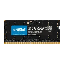 Crucial Micron DDR5 96GB preto, vista frontal: módulo SO-DIMM com etiqueta azul Crucial e contactos dourados