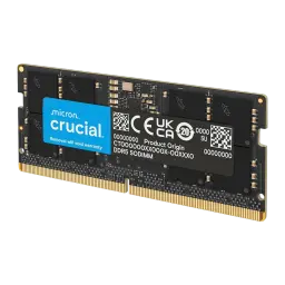 Crucial Micron DDR5 96GB preto, vista em perspetiva: módulo SO-DIMM em ângulo mostrando PCB preto e ambas as extremidades