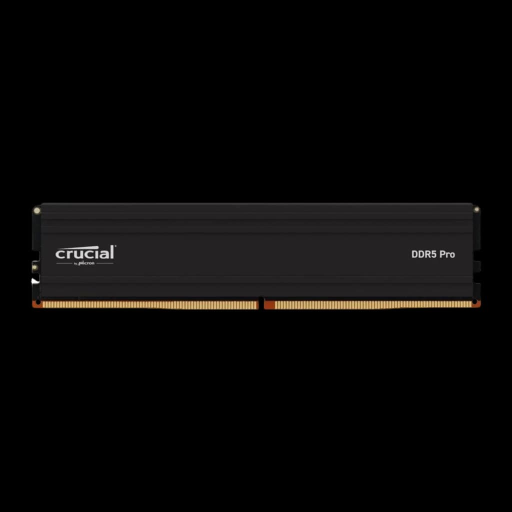 Crucial Micron Pro 16GB DDR5-6000 preto, vista frontal: dissipador preto com logo Crucial e etiqueta DDR5 Pro, contatos