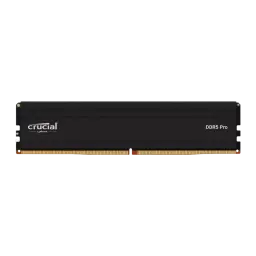 Crucial Micron Pro 16GB DDR5-6000 preto, vista frontal: dissipador preto com logo Crucial e etiqueta DDR5 Pro, contatos