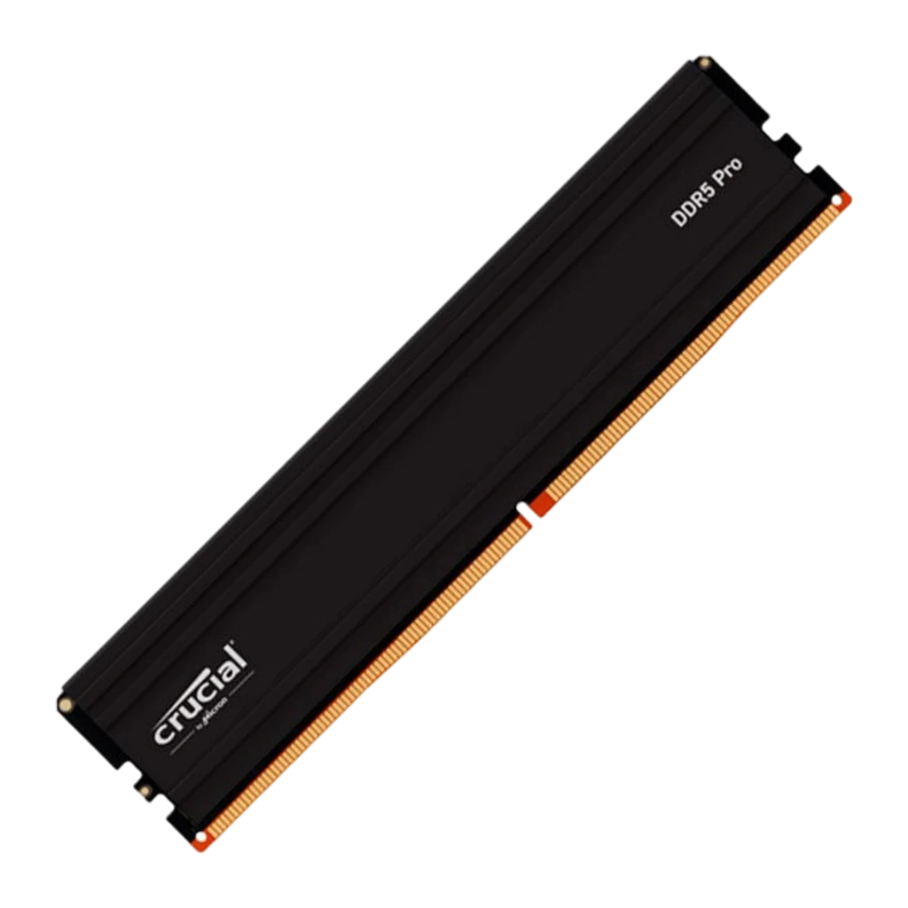 Crucial Micron Pro 16GB DDR5-6000 negro, vista frontal: disipador negro con logo Crucial y etiqueta DDR5 Pro, contactos - Ítem1