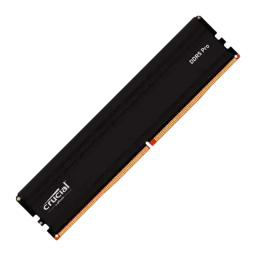 Crucial Micron Pro 16GB DDR5-6000 preto, vista diagonal inclinada: dissipador estriado preto, contatos dourados e detalhes