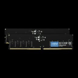 Crucial DDR5 4800 UDIMM 32GB noir, vue de face: deux modules RAM côte à côte avec puces SMD et étiquette DDR5 UDIMM