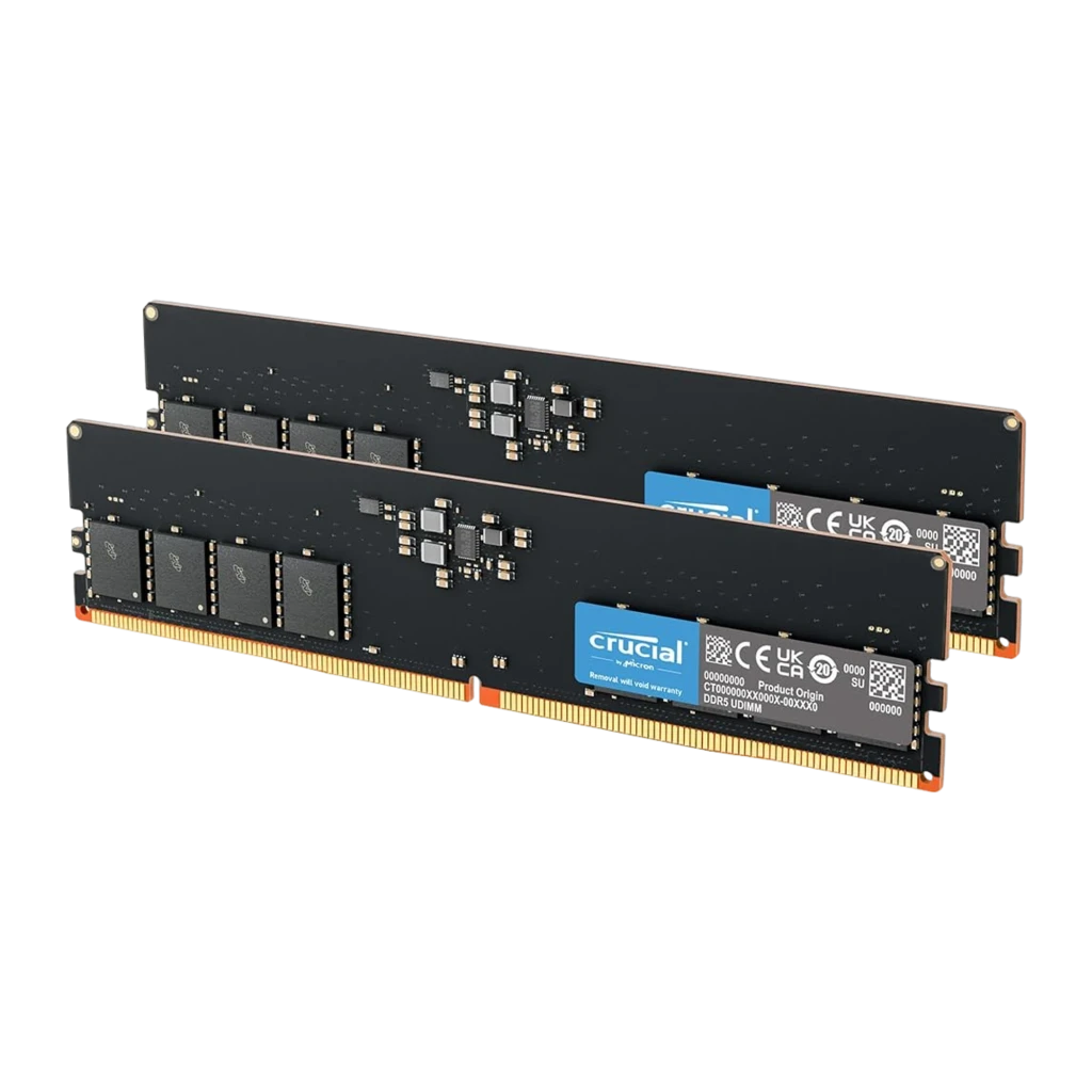 Crucial DDR5 4800 UDIMM 32GB negro, vista diagonal: dos módulos RAM apilados con etiqueta azul Crucial y contactos dorados - Ítem2