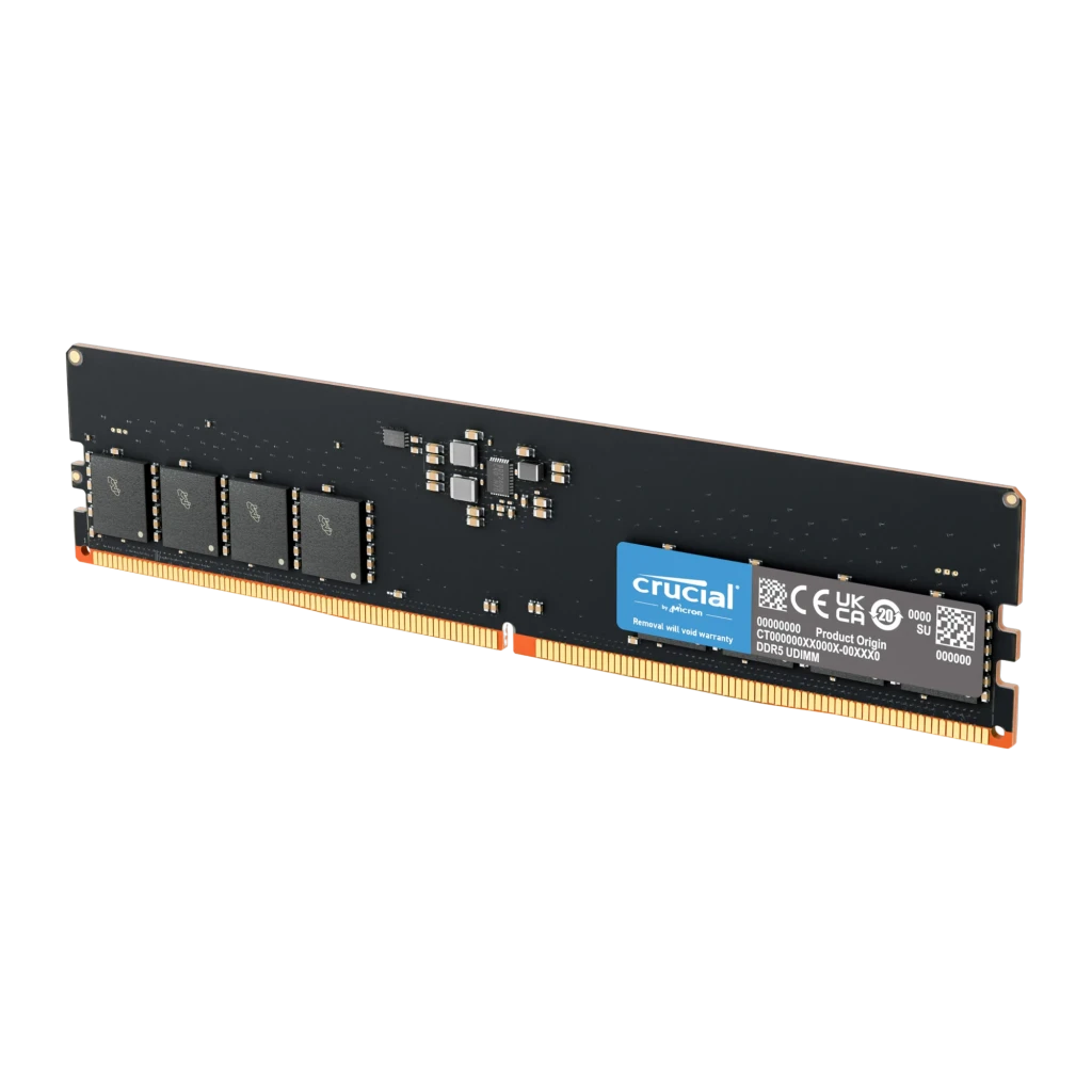 Crucial DDR5 4800 UDIMM 32GB negro, vista diagonal: dos módulos RAM apilados con etiqueta azul Crucial y contactos dorados - Ítem3
