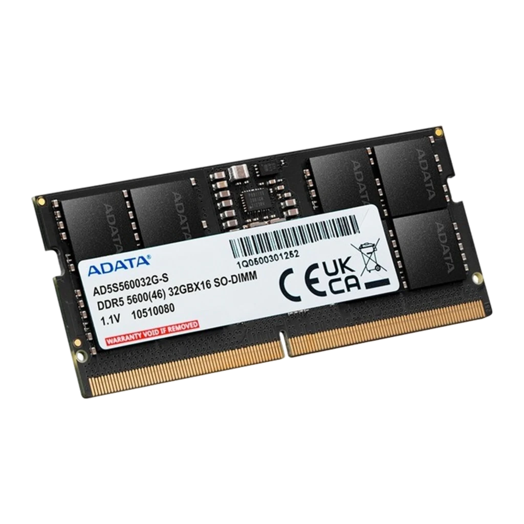 ADATA AD5S560032G-S 32GB DDR5 SO-DIMM preto, vista frontal: etiqueta com modelo, chips e contactos dourados - Item1