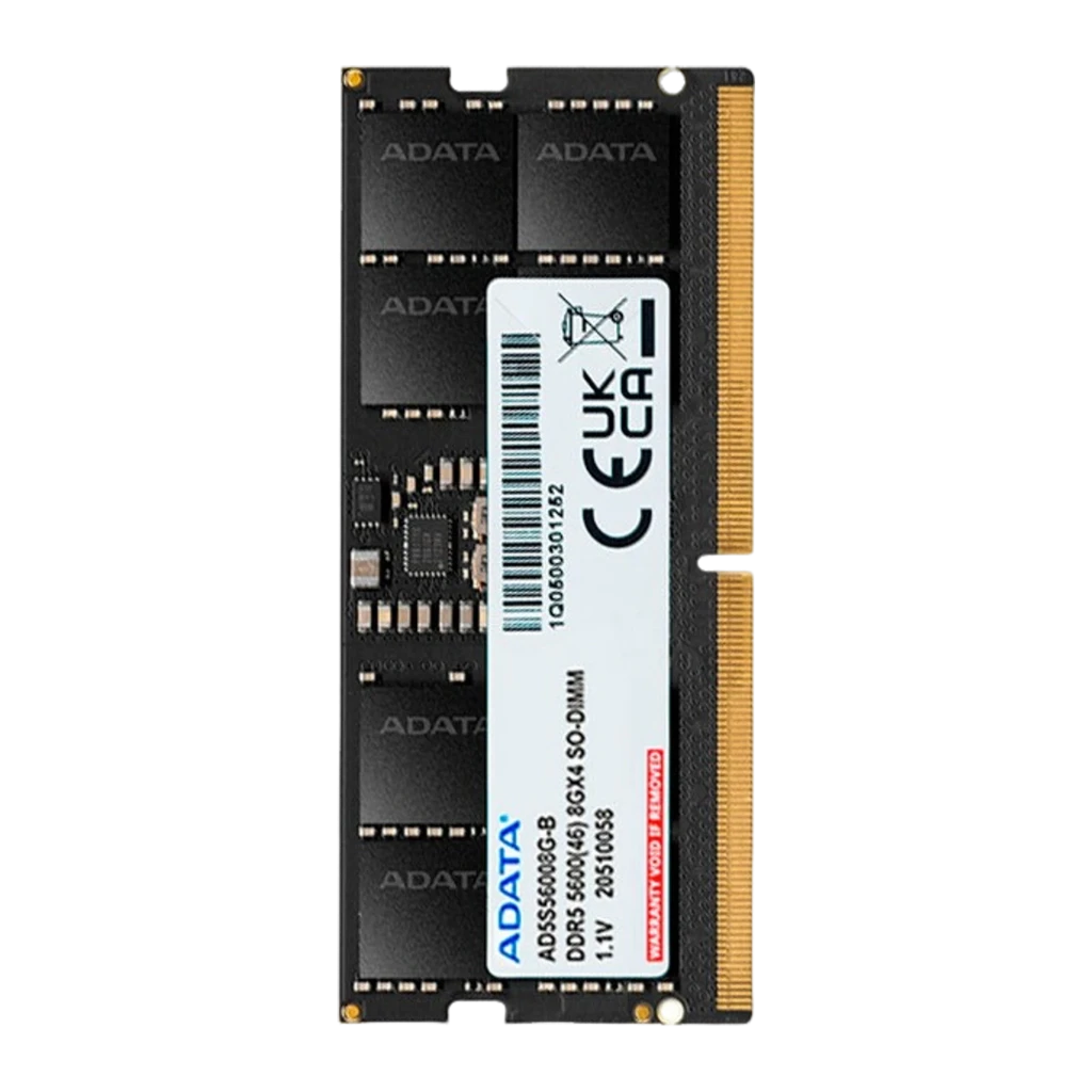 ADATA AD5S56008G-S 8GB DDR5 preto, vista frontal: etiqueta branca com logo, chips expostos e contatos dourados - Item1