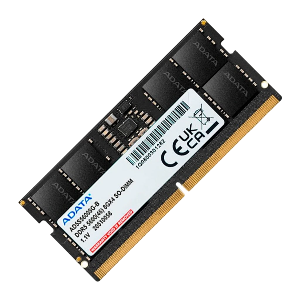 ADATA AD5S56008G-S 8GB DDR5 preto, vista frontal: etiqueta branca com logo, chips expostos e contatos dourados - Item2