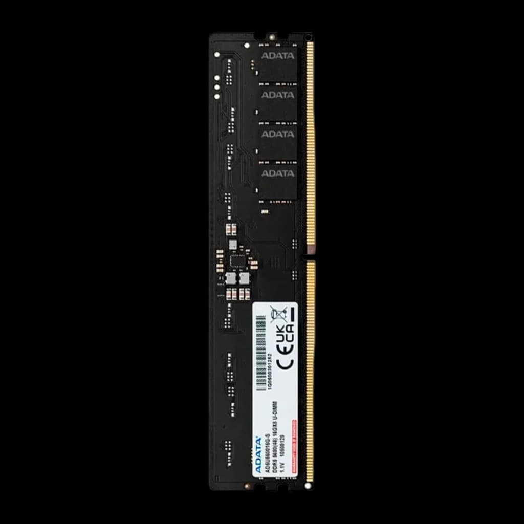 ADATA DDR5 5600MHz 8GB U-DIMM preto, vista frontal: PCB preto com logo ADATA repetido, chips e etiqueta com especificações