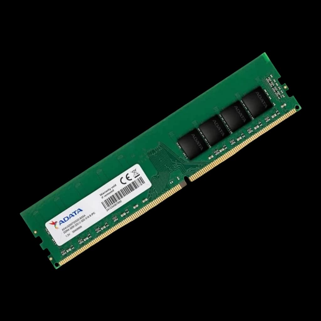 ADATA Premier 8GB DDR4 DIMM, vista em ângulo diagonal: módulo inclinado mostrando PCB verde, chips e conector