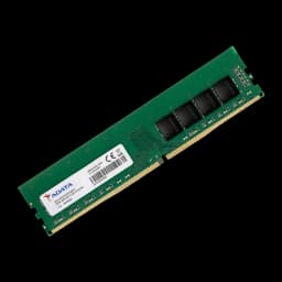 ADATA Premier 8GB DDR4 DIMM, vista em ângulo diagonal: módulo inclinado mostrando PCB verde, chips e conector