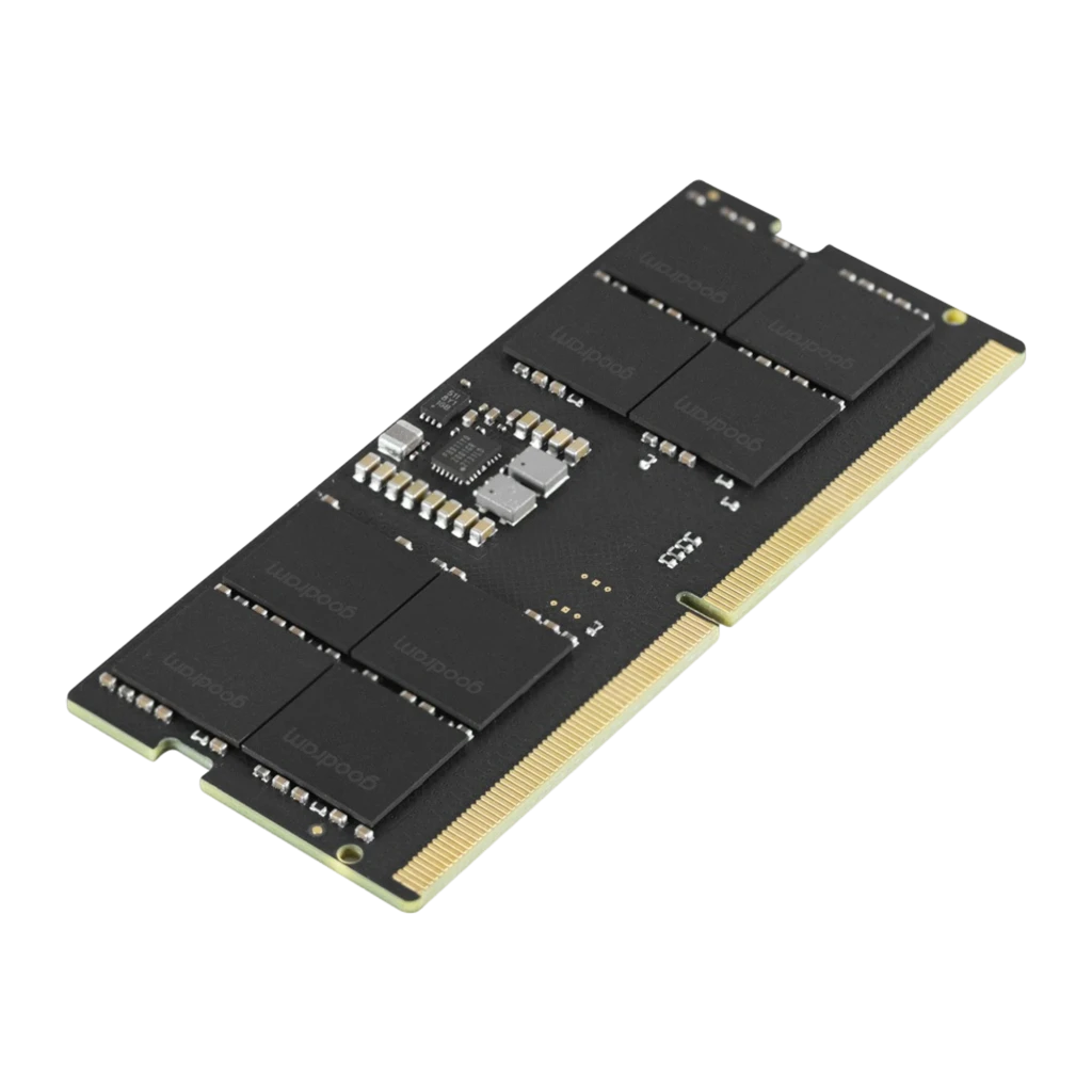 Goodram DDR5 5600 MHz 16GB SO-DIMM preto, vista frontal: PCB preto com chips de memória e conector dourado - Item1