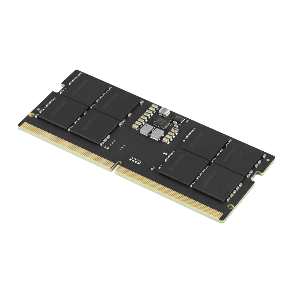 Goodram DDR5 5600 MHz 16GB SO-DIMM preto, vista frontal: PCB preto com chips de memória e conector dourado - Item2