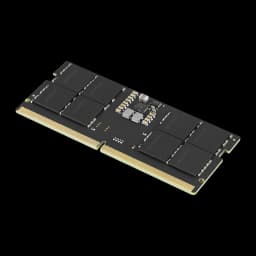Goodram DDR5 5600 MHz 16GB SO-DIMM preto, vista em perspectiva: ângulo superior direito com chips, circuitos e conector