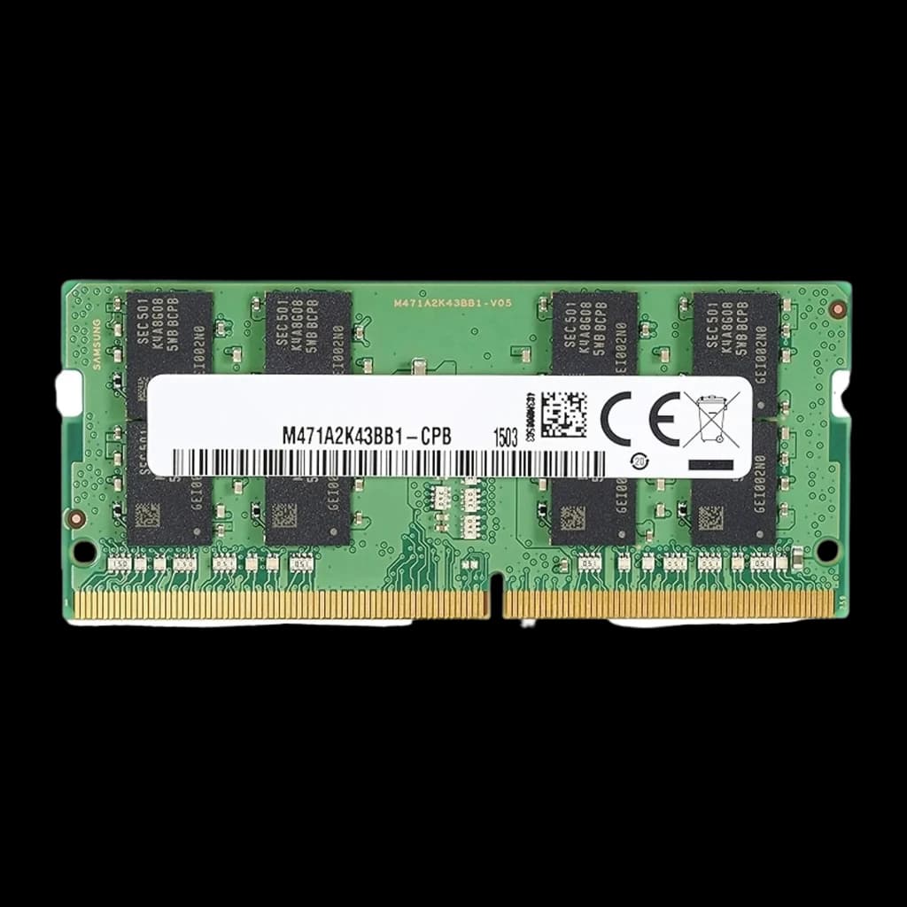 HP Módulo RAM 16GB DDR4-3200 SO-DIMM, vista frontal: PCB verde con chips y etiqueta M471A2K43BB1-CPB