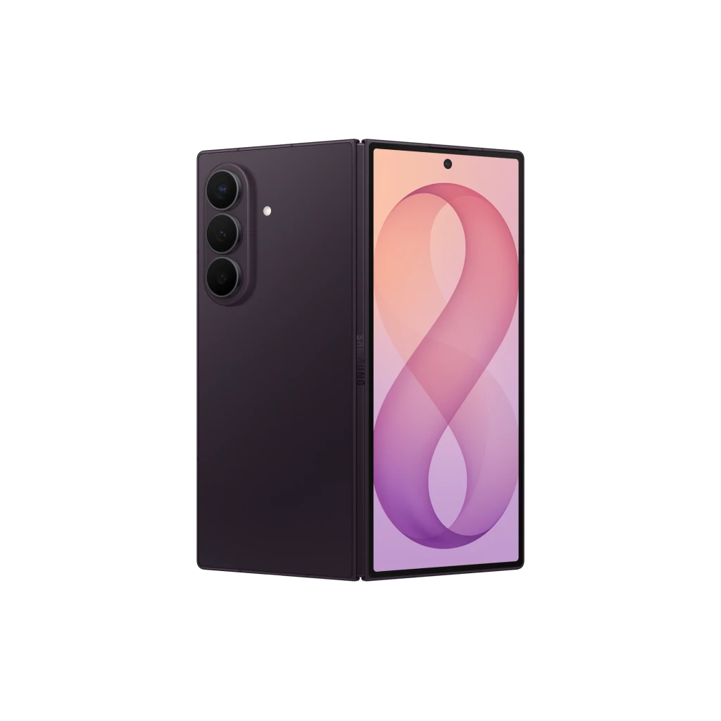 Samsung Galaxy Z Fold8 Ultra 512GB Violeta, vista frontal e traseira: dobrável aberto, módulo de câmeras triplo e ecrã - Item1