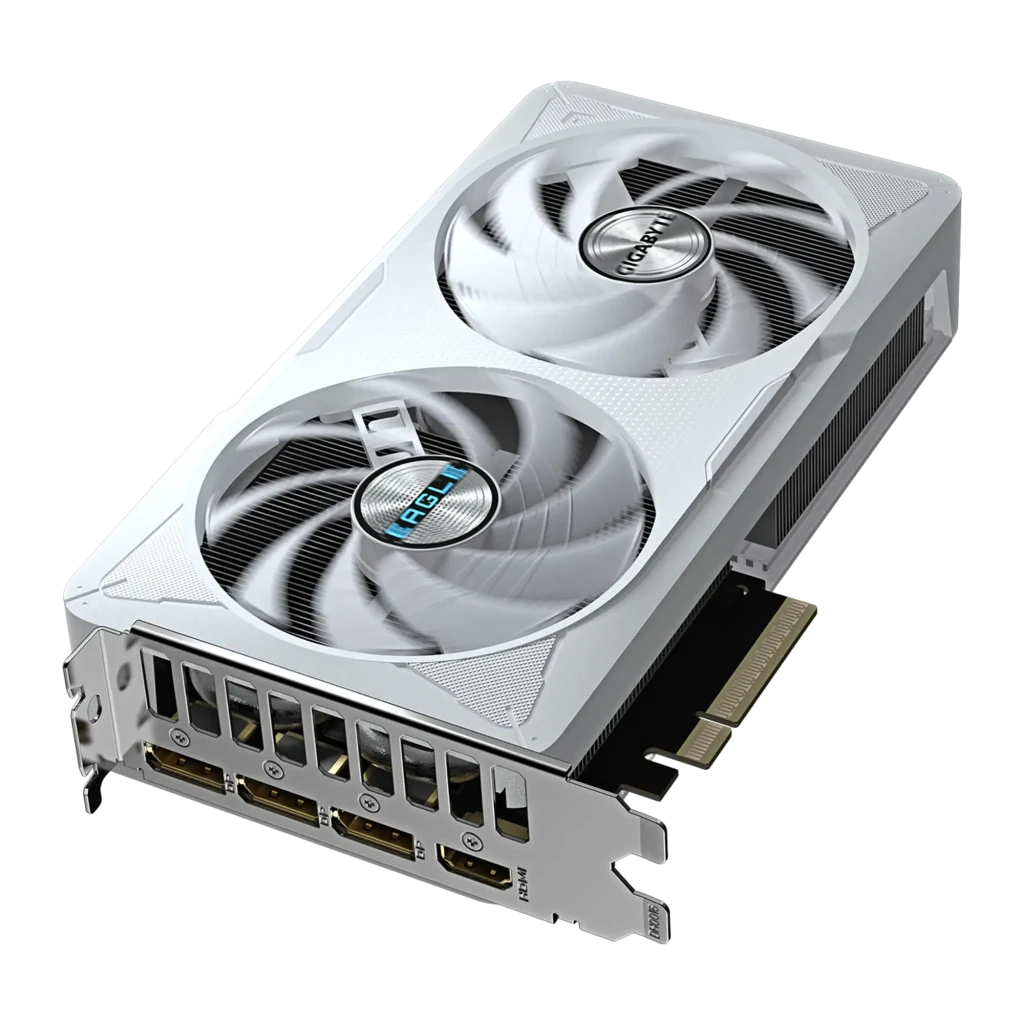 Gigabyte RTX 5060 Eagle OC Ice 8GB blanco, vista frontal en ángulo: dos ventiladores con logo Eagle y Gigabyte, bracket - Ítem2