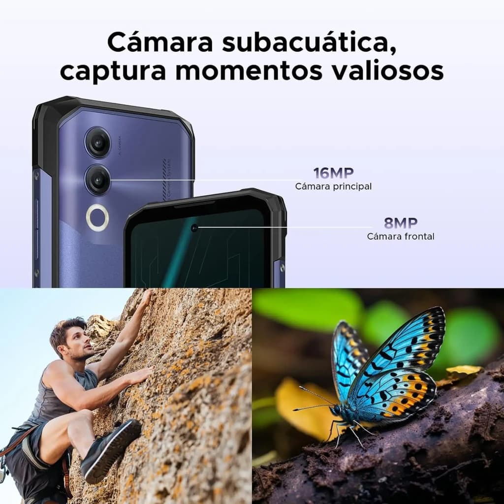 Doogee Blade 20X violet robuste, double caméra 16MP et 8MP, écran 6,6 pouces 90Hz. Accent sur photo sous l’eau et détails nets pour aventure et macro.