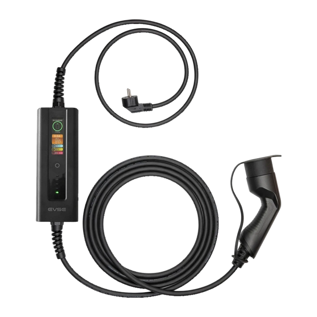 Cargador Portátil BESEN BN21 3,6kW Tipo 2, vista frontal: caja de control con pantalla LED, cable enrollado, enchufe Schuko