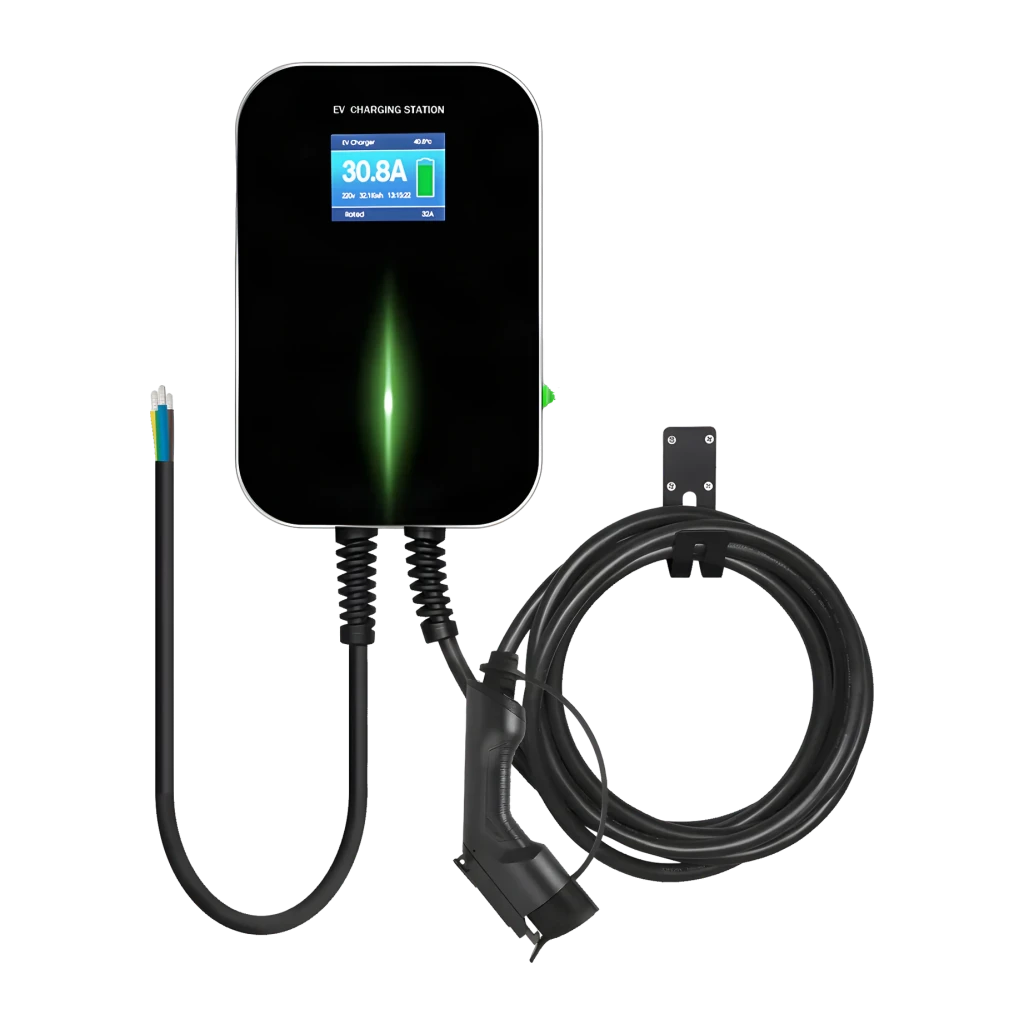 Cargador Coche Eléctrico BESEN BS20 11kW Trifásico Tipo 2 Cable 5m, vista frontal: pantalla LCD con 30.8A, luz verde central
