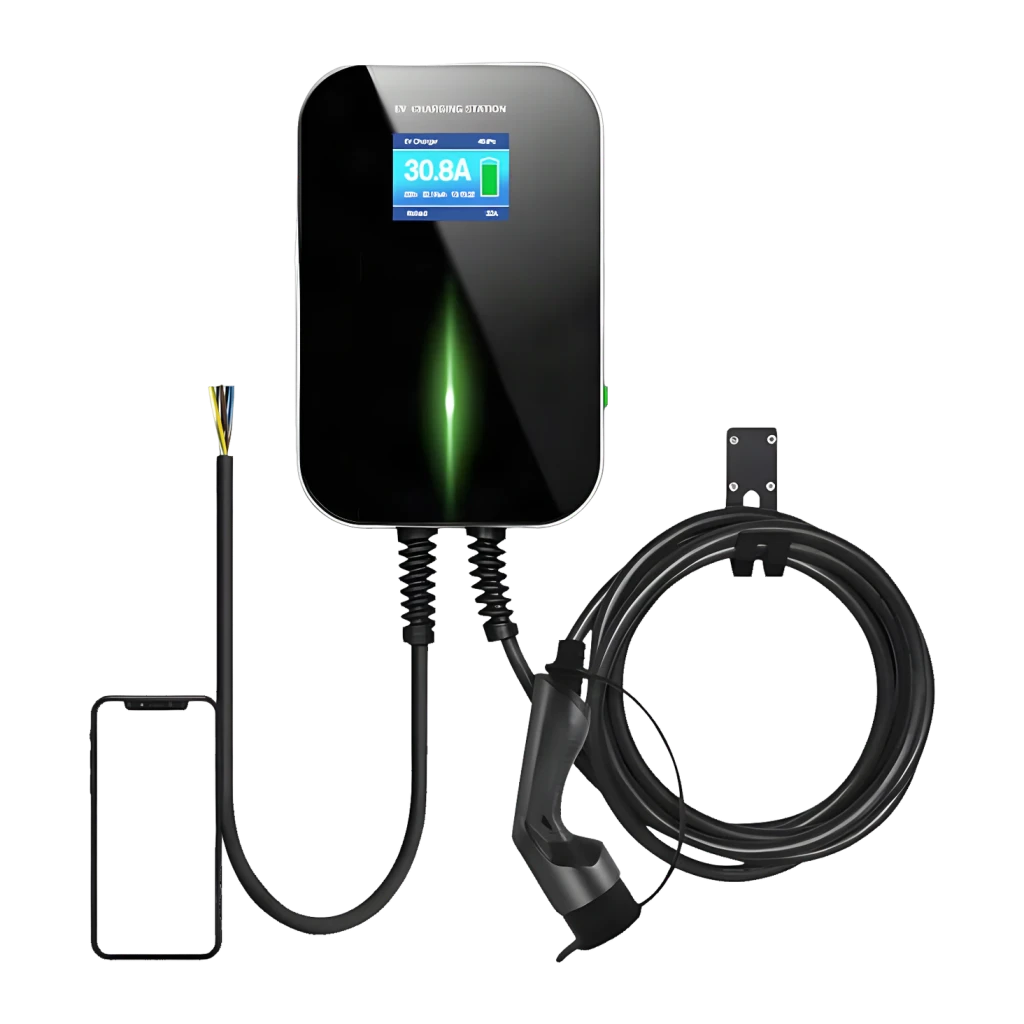 Cargador Coche Eléctrico BESEN BS20 22kW Tipo 2 Cable 5m, vista frontal: pantalla LCD 30.8A, luz verde central, cable Tipo 2