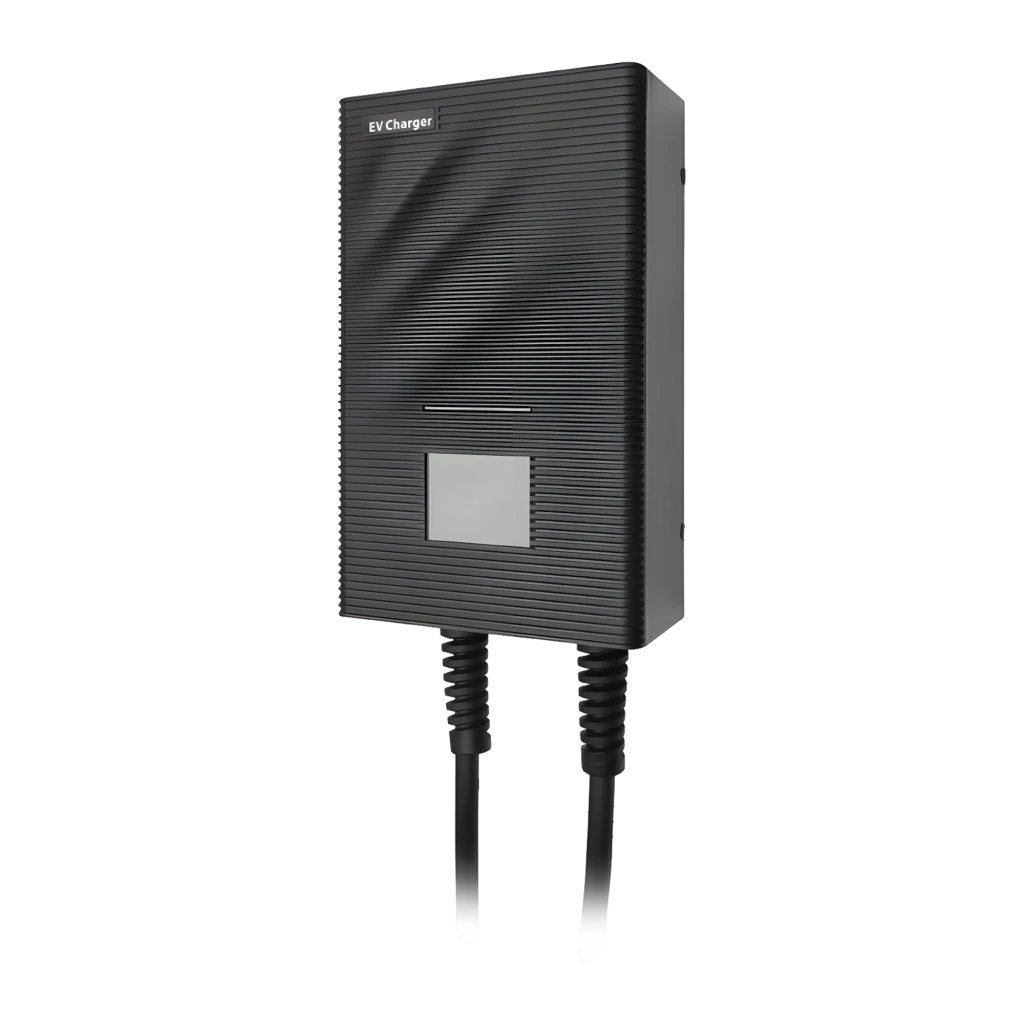 Cargador Coche Eléctrico Besen SQW45-BC-22KW-APP 22kW Trifásico con caja negra estriada, pantalla LCD a color, dos cables y conector tipo 2 montable en pared - Ítem1