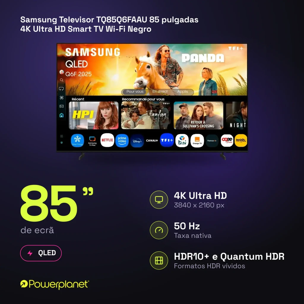 Televisor Samsung TQ85Q6FAAU 85 pulgadas QLED 4K: pantalla grande con colores vivos, biseles delgados, patas laterales y Tizen con apps de streaming visibles - Ítem3
