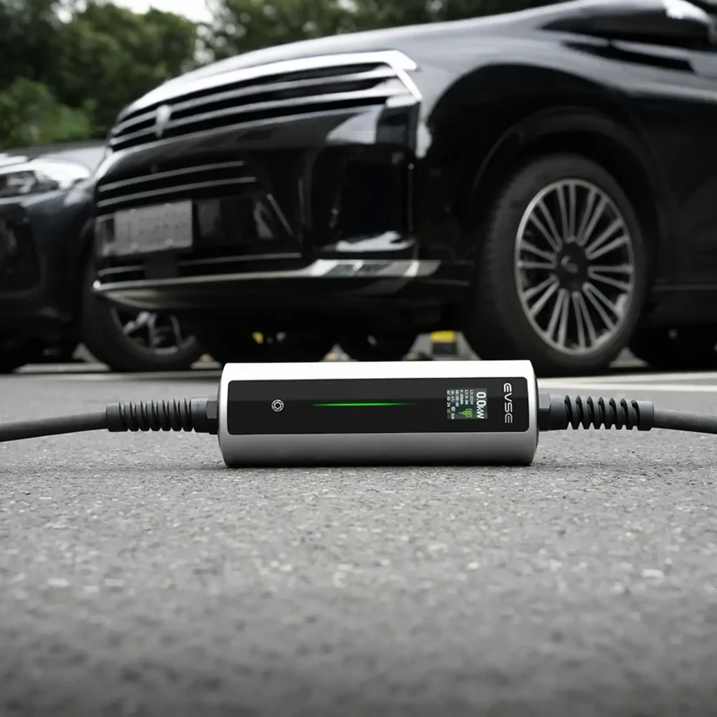 Cargador coche eléctrico BESEN BN70-BC-22KW-APP: cuerpo plateado con luz LED verde central, cable grueso enrollado, conector Tipo 2 y enchufe rojo trifásico - Ítem3