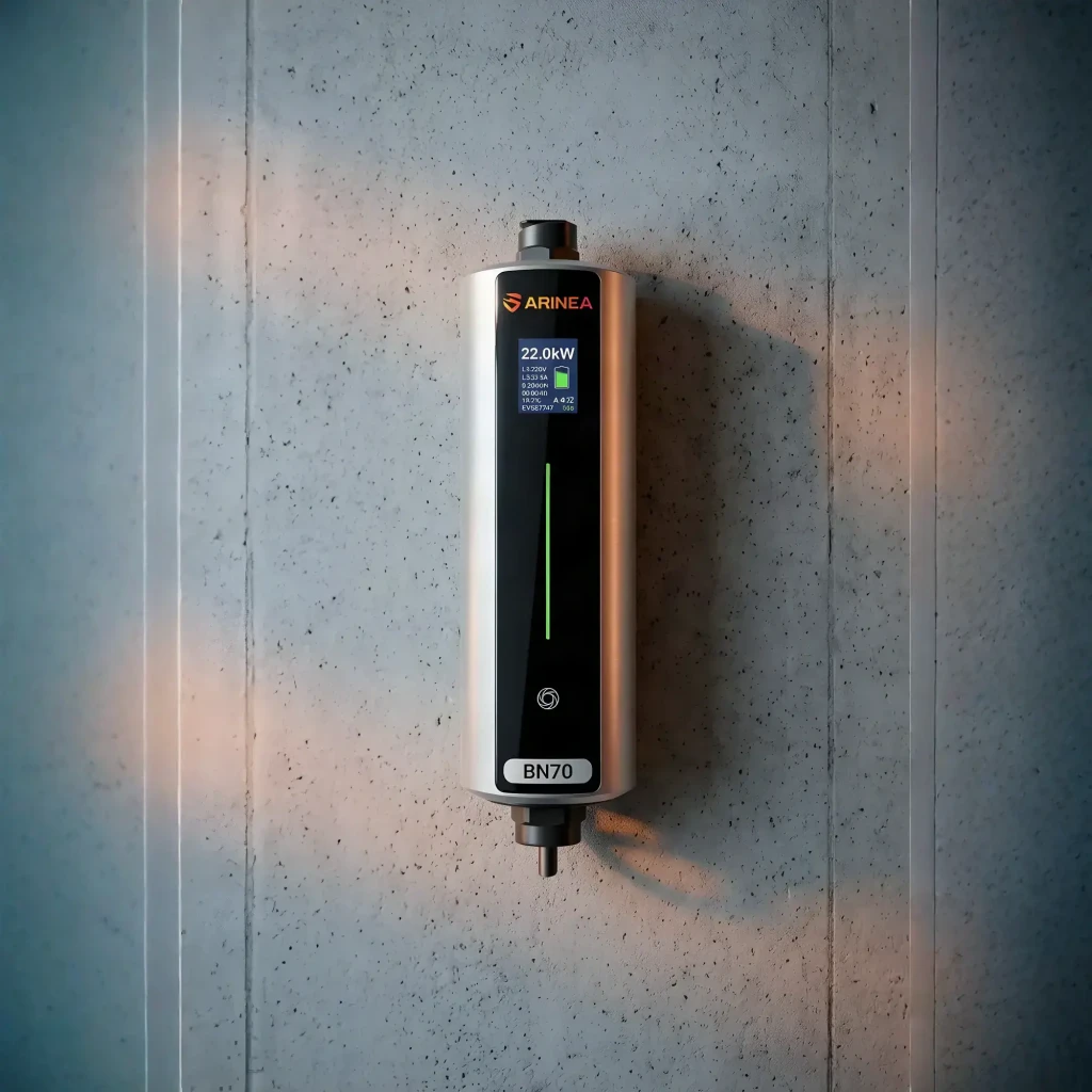 Cargador coche eléctrico BESEN BN70-BC-22KW-APP: cuerpo plateado con luz LED verde central, cable grueso enrollado, conector Tipo 2 y enchufe rojo trifásico - Ítem5
