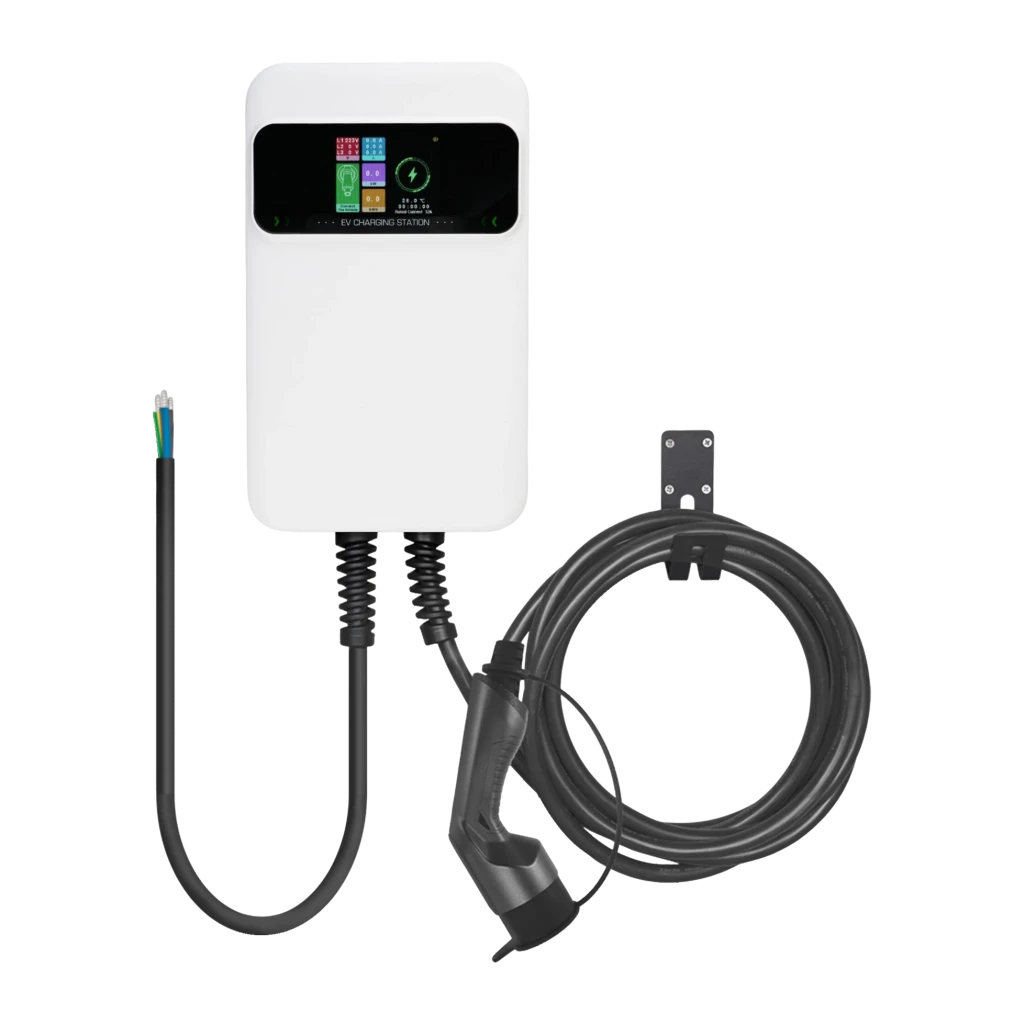 Cargador Coche Eléctrico Besen Blanco 7,2kW Tipo 2 5m SQ20-7KW-APP, vista frontal: carcasa blanca con pantalla LCD a color