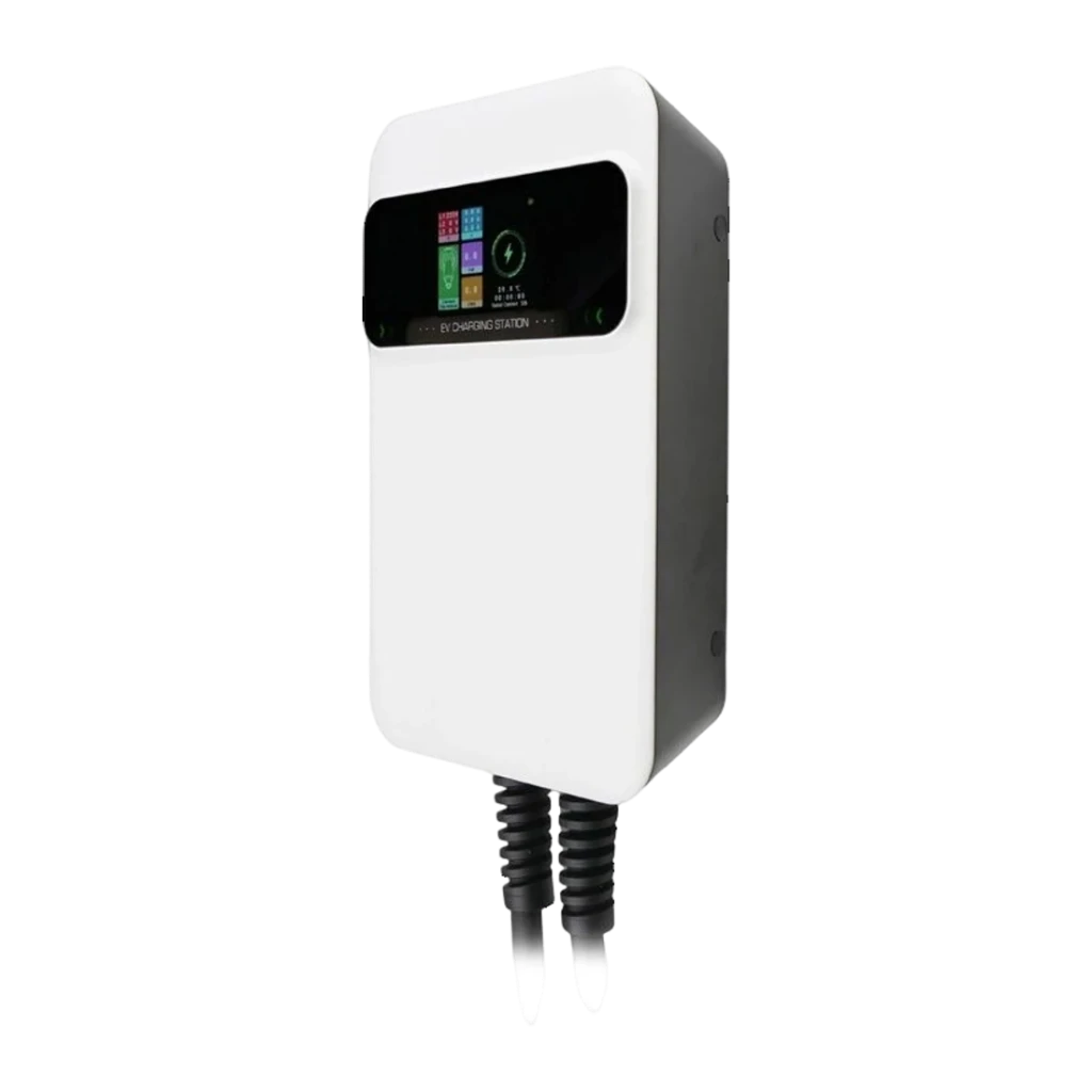 Cargador Coche Eléctrico Besen Blanco 7,2kW Tipo 2 5m SQ20-7KW-APP, vista en ángulo: pantalla táctil a color y cable trenzado