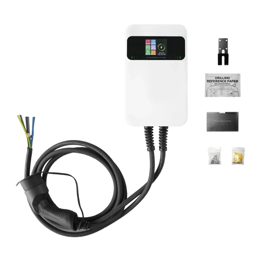 Cargador Coche Eléctrico Besen Blanco 7,2kW Tipo 2 5m SQ20-7KW-APP, contenido caja: wallbox, cable Tipo 2, soporte mural