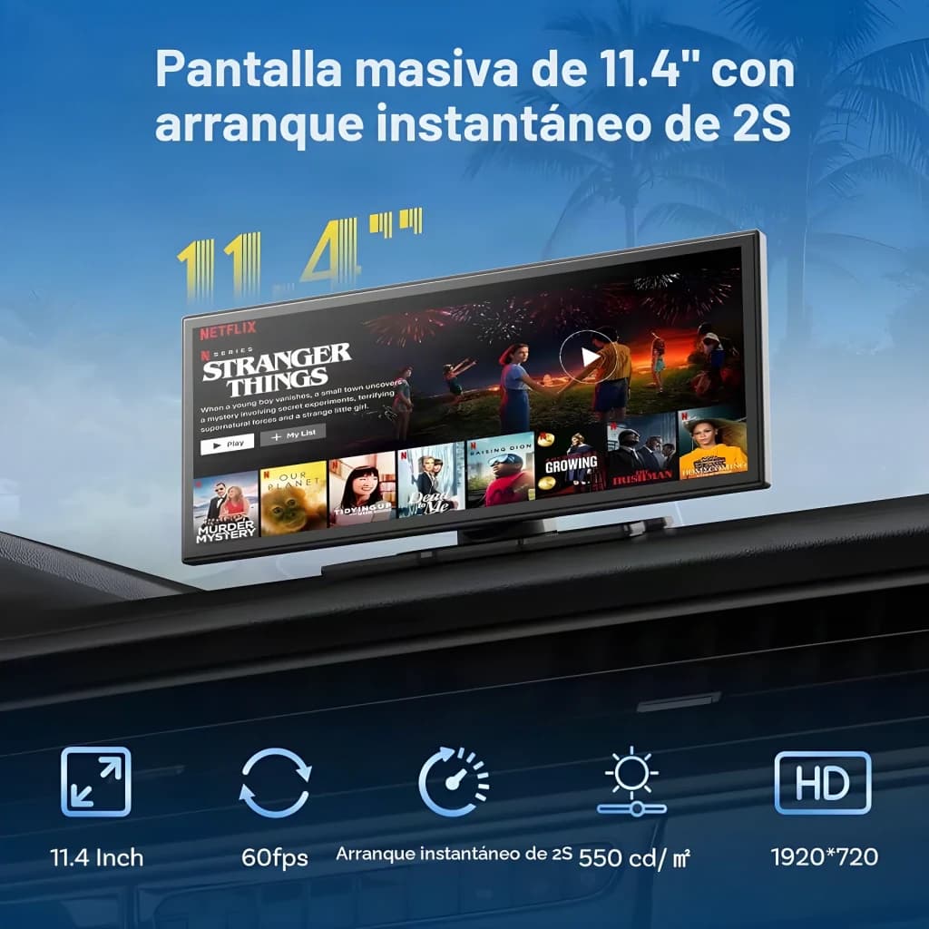 Ecrã Carro Ottocast OttoScreen T1140 Preto CarPlay Android Auto Sem Fios 11,4 polegadas, detalhe: Netflix no tablier, ícones