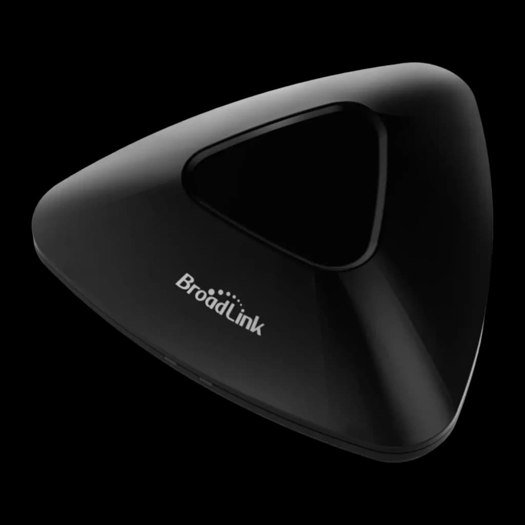 Centro de Control Inteligente Broadlink RM Max IR + RF 433 MHz Matter en forma triangular negra, acabado brillante, logo BroadLink, superficie lisa y compacta