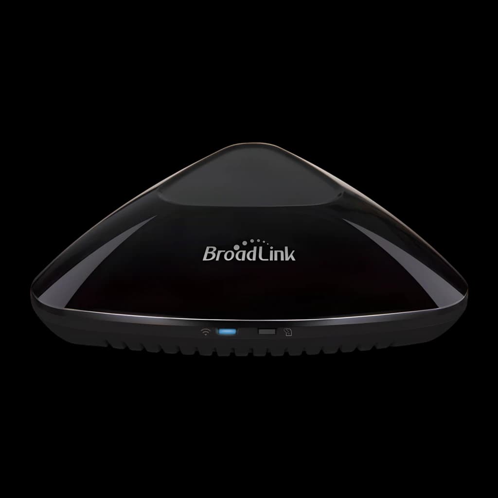 Hub inteligente Broadlink RM Max en negro brillante, diseño triangular bajo con logo frontal, indicadores LED y puertos frontales; compatible IR y RF 433 MHz