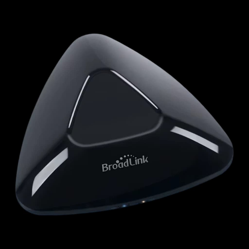 Centro de Control Inteligente Broadlink RM Max, hub triangular negro brillante con logo BroadLink, diseño compacto y bordes redondeados, acabado reflectante