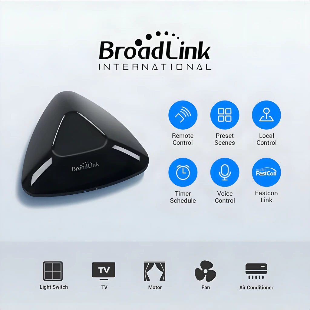 Centro de Control Inteligente Broadlink RM Max IR + RF 433 MHz Matter en forma triangular negra, acabado brillante, logo BroadLink, superficie lisa y compacta - Ítem7