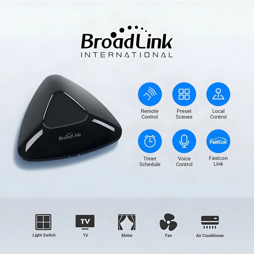 Centro de Control Inteligente Broadlink RM Max IR + RF 433 MHz Matter, hub triangular negro brillante con iconos de funciones: control remoto, voz,