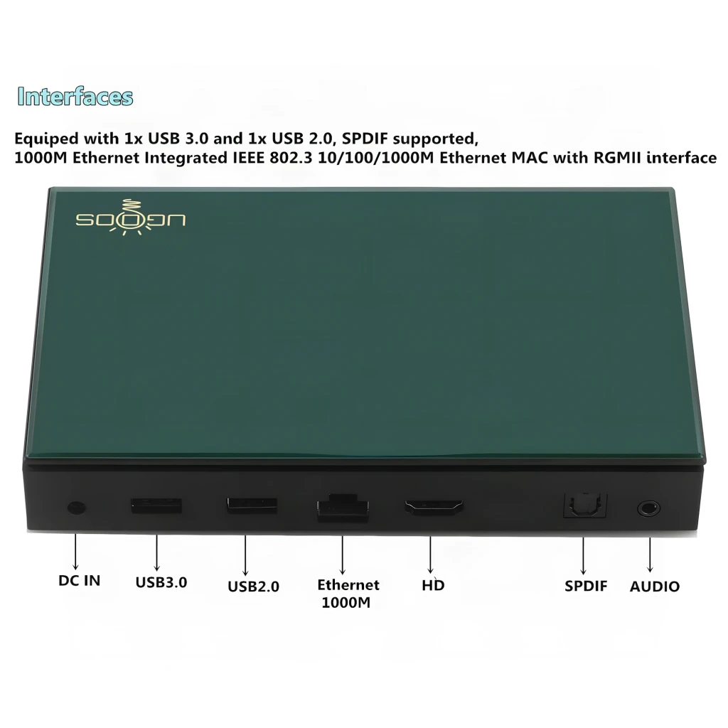 Reproductor Ugoos SK1 Lite compacto en verde con logo dorado, puertos HDMI visibles y mando a distancia con botones multimedia y atajos de apps - Ítem5