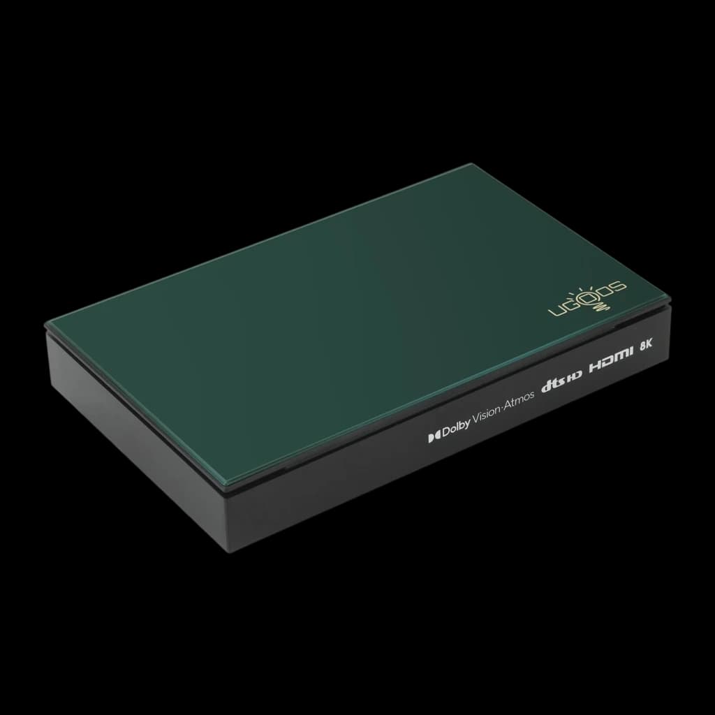Boîtier multimédia compact vert et noir Ugoos SK1 Lite, ports latéraux, logo discret, prise en charge 8K, HDMI, Dolby Vision et DTS audio