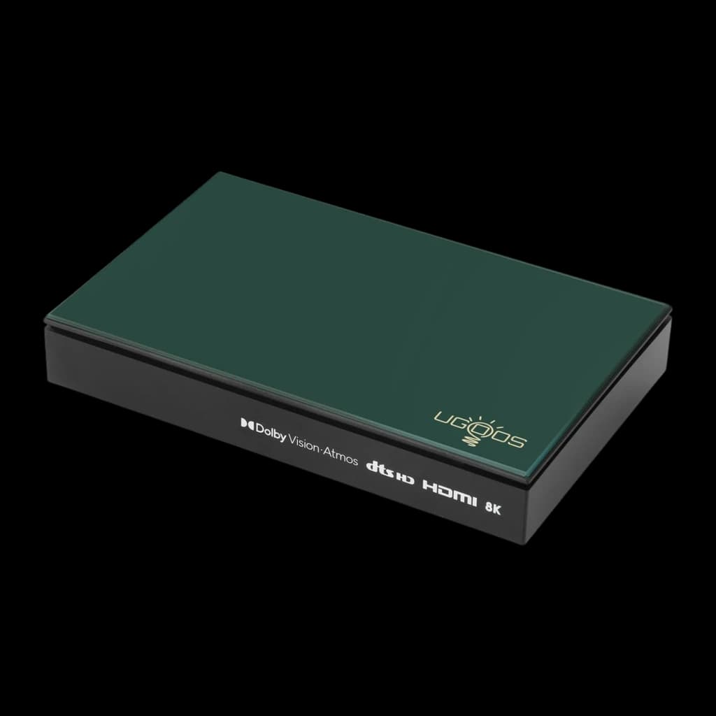 Boîtier multimédia Ugoos SK1 Lite vert foncé, compact et plat, logo doré, connectique HDMI 8K en façade avec badges Dolby Vision et Atmos visibles