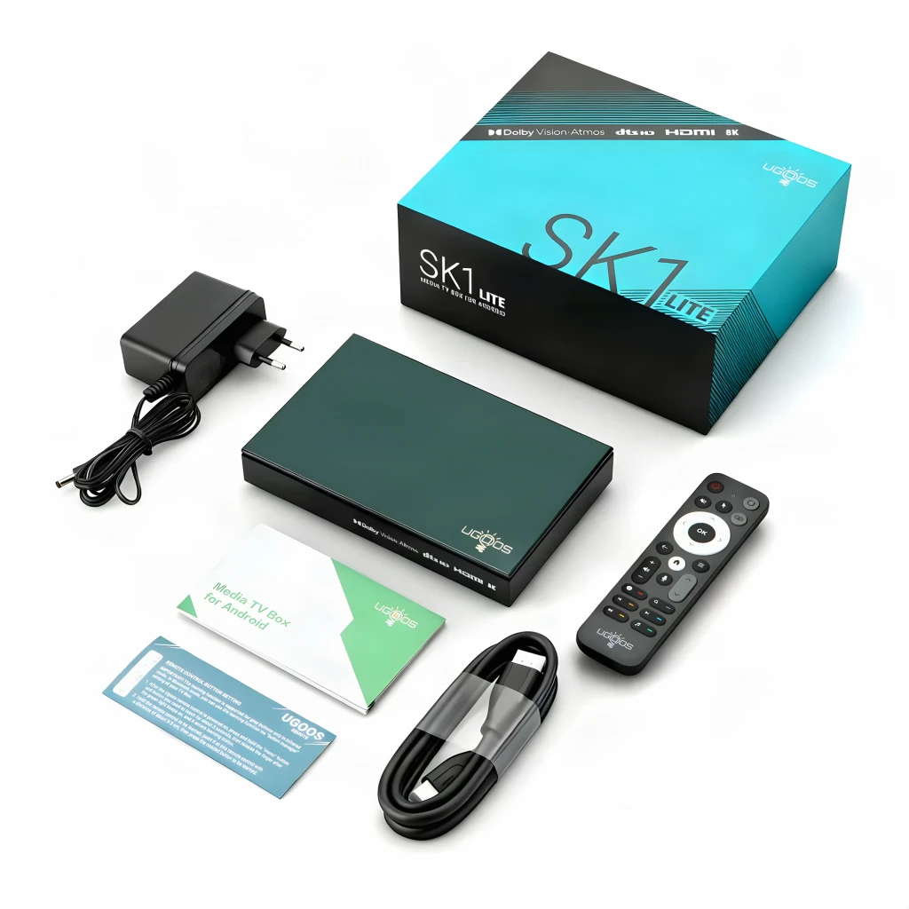 Reproductor Ugoos SK1 Lite compacto en verde con logo dorado, puertos HDMI visibles y mando a distancia con botones multimedia y atajos de apps - Ítem7