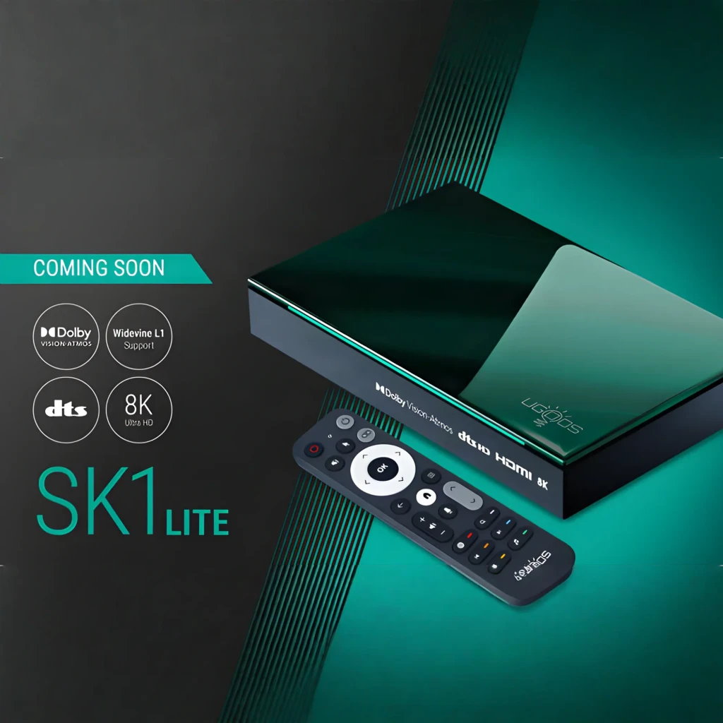 Reproductor Ugoos SK1 Lite compacto en verde con logo dorado, puertos HDMI visibles y mando a distancia con botones multimedia y atajos de apps - Ítem6