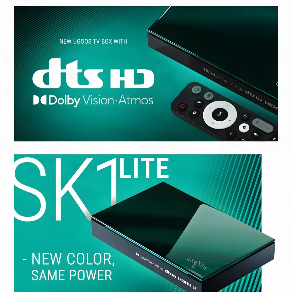 Reproductor Ugoos SK1 Lite compacto en verde con logo dorado, puertos HDMI visibles y mando a distancia con botones multimedia y atajos de apps - Ítem4