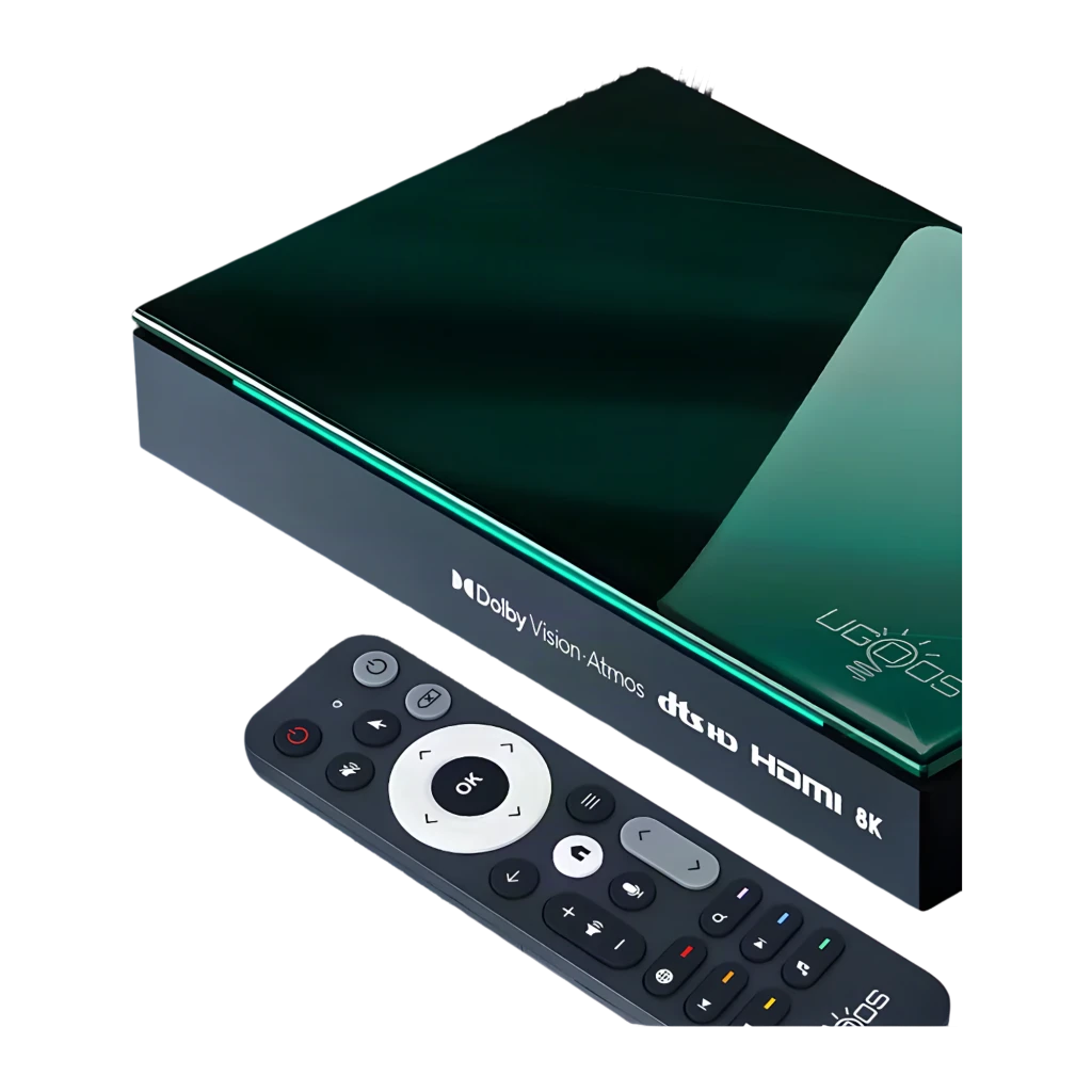 Reproductor Ugoos SK1 Lite compacto en verde con logo dorado, puertos HDMI visibles y mando a distancia con botones multimedia y atajos de apps - Ítem3