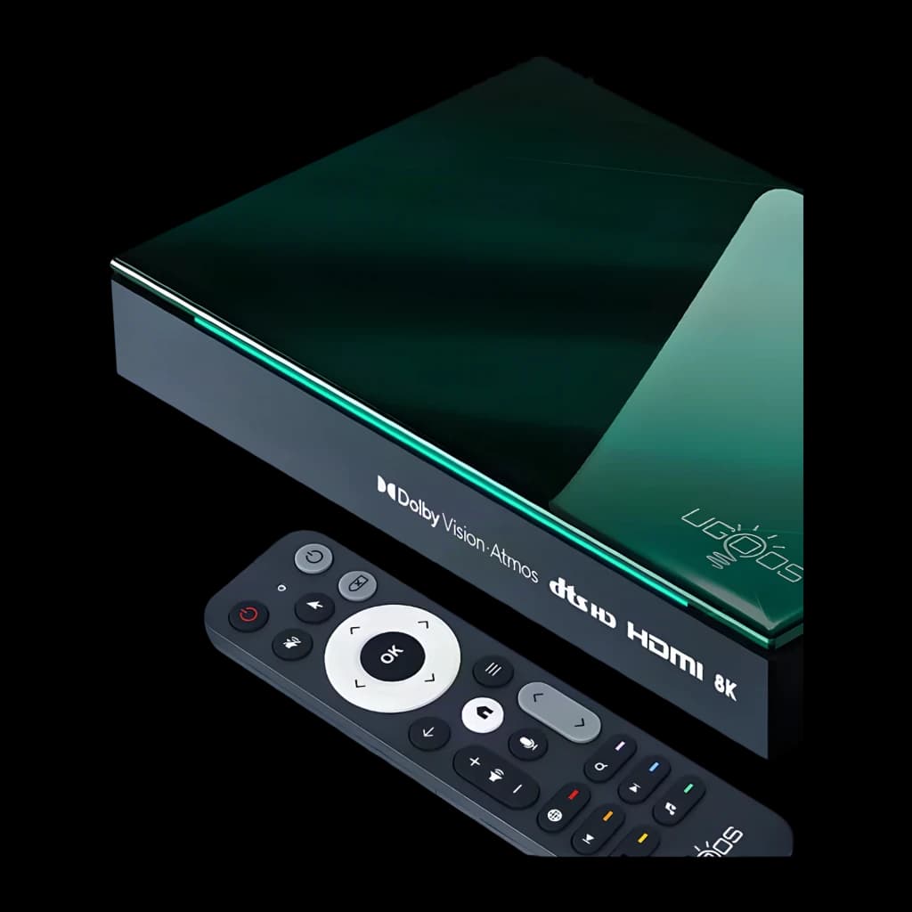 Lecteur Multimédia Ugoos SK1 Lite 4Go/64Go, boîtier compact vert foncé brillant, logos Dolby Vision Atmos, DTS HD, HDMI et 8K visibles avec télécommande