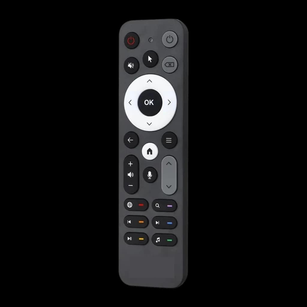 Télécommande Ugoos UR02 BT Remote Control Bluetooth + IR noire, compacte, pavé directionnel blanc, touches multimédia et volume, micro et rétroéclairage
