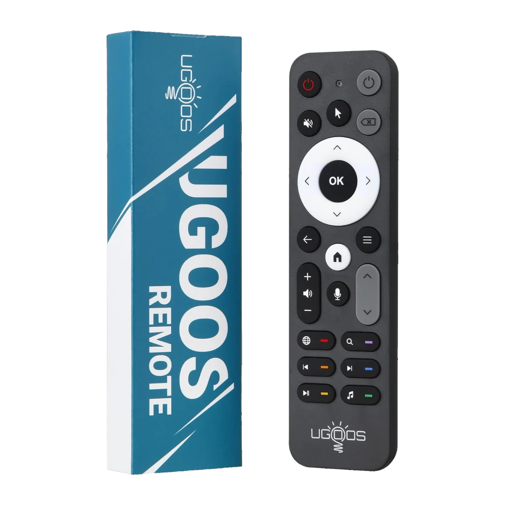 Comando à distância Ugoos UR02 BT Remote Control Bluetooth + IR, corpo preto, anel direcional branco com botão OK, teclas multimídia, microfone e controle - Item8