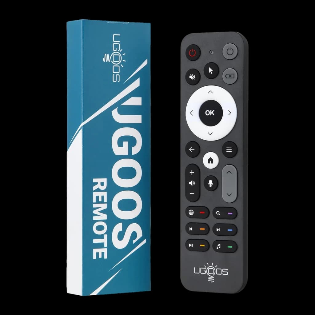 Télécommande Ugoos UR02 BT Remote Control Bluetooth + IR noire, pavé directionnel, touche OK, volume, micro, boutons colorés, logo Ugoos, boîte bleue